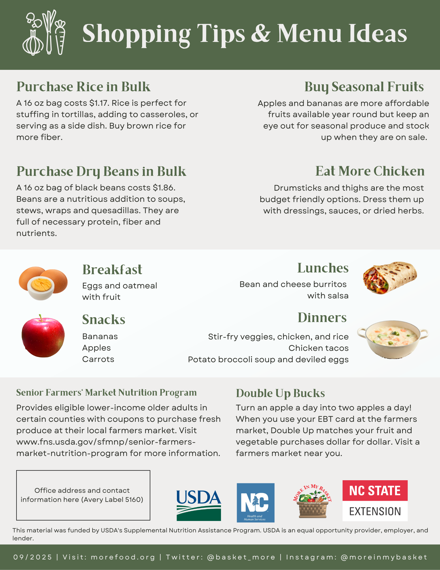 Flyer titled "Shopping Tips & Menu Ideas" with food purchasing and meal suggestions, and information on nutrition programs.