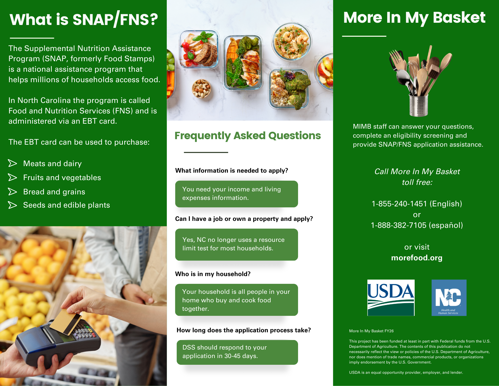 Back of brochure detailing SNAP/FNS information and assistance in North Carolina.