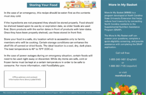 Informational graphic about emergency food storage and the More In My Basket program, featuring text details and food illustrations.