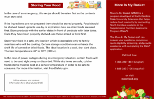 Informational graphic about emergency food storage and the More In My Basket program, featuring text details and food illustrations.