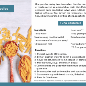A variety of uncooked noodles in wooden spoons next to a tuna casserole recipe card.