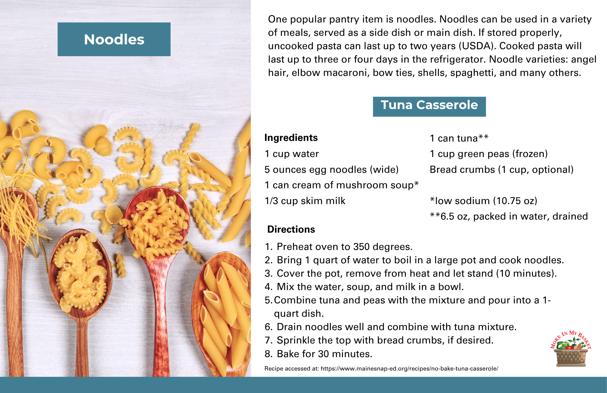 A variety of uncooked noodles in wooden spoons next to a tuna casserole recipe card.