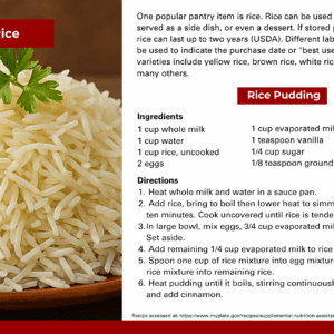 An image of cooked white rice garnished with parsley and a rice pudding recipe.