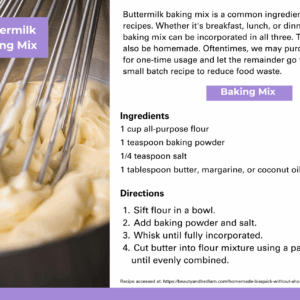 A person mixing baking ingredients with text on buttermilk baking mix, ingredients, directions, and nutrition facts.
