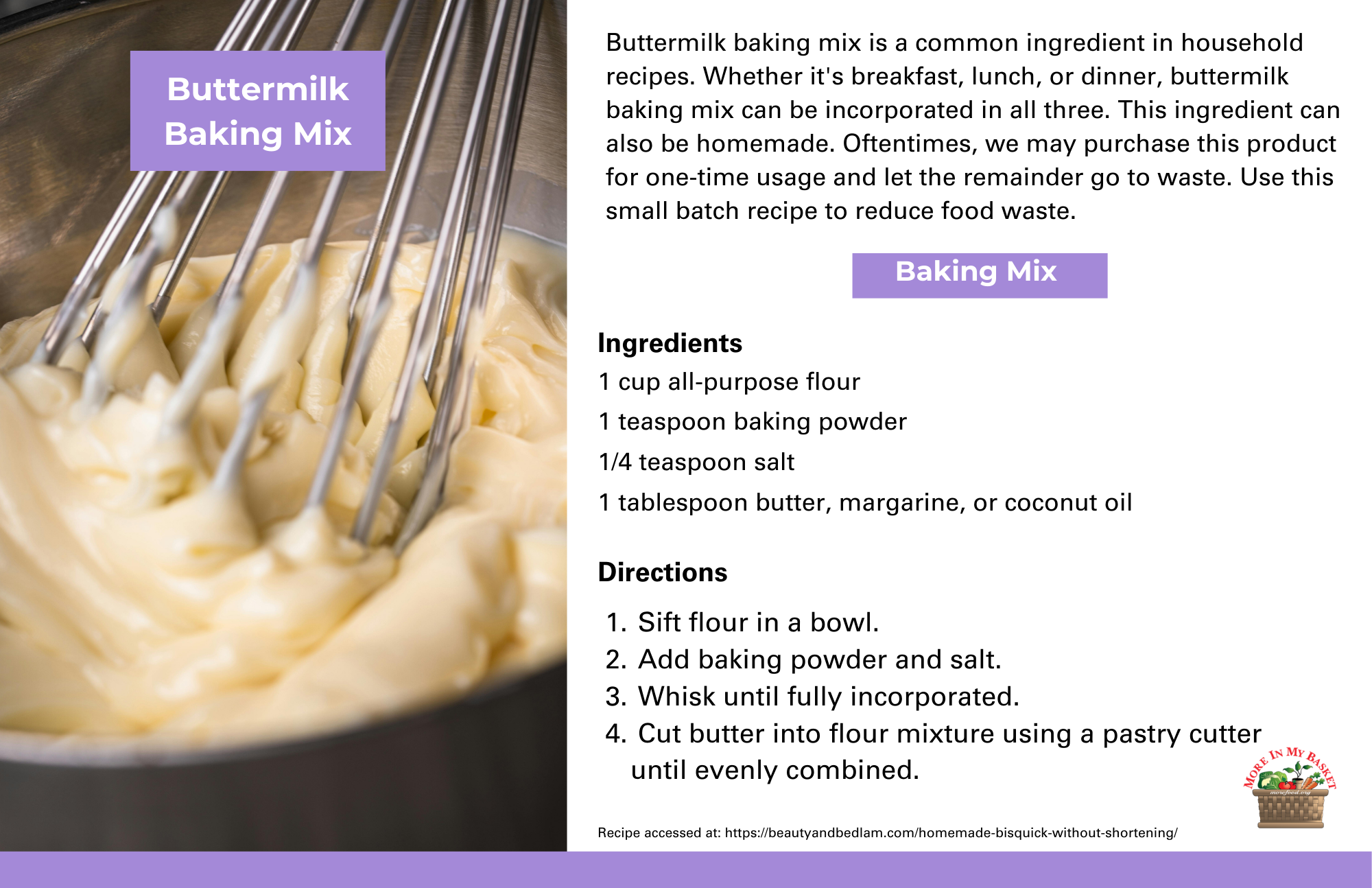 A person mixing baking ingredients with text on buttermilk baking mix, ingredients, directions, and nutrition facts.