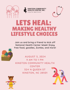 Promotional flyer for Kinston Community Health Center event with details and illustrations of health-related themes.
