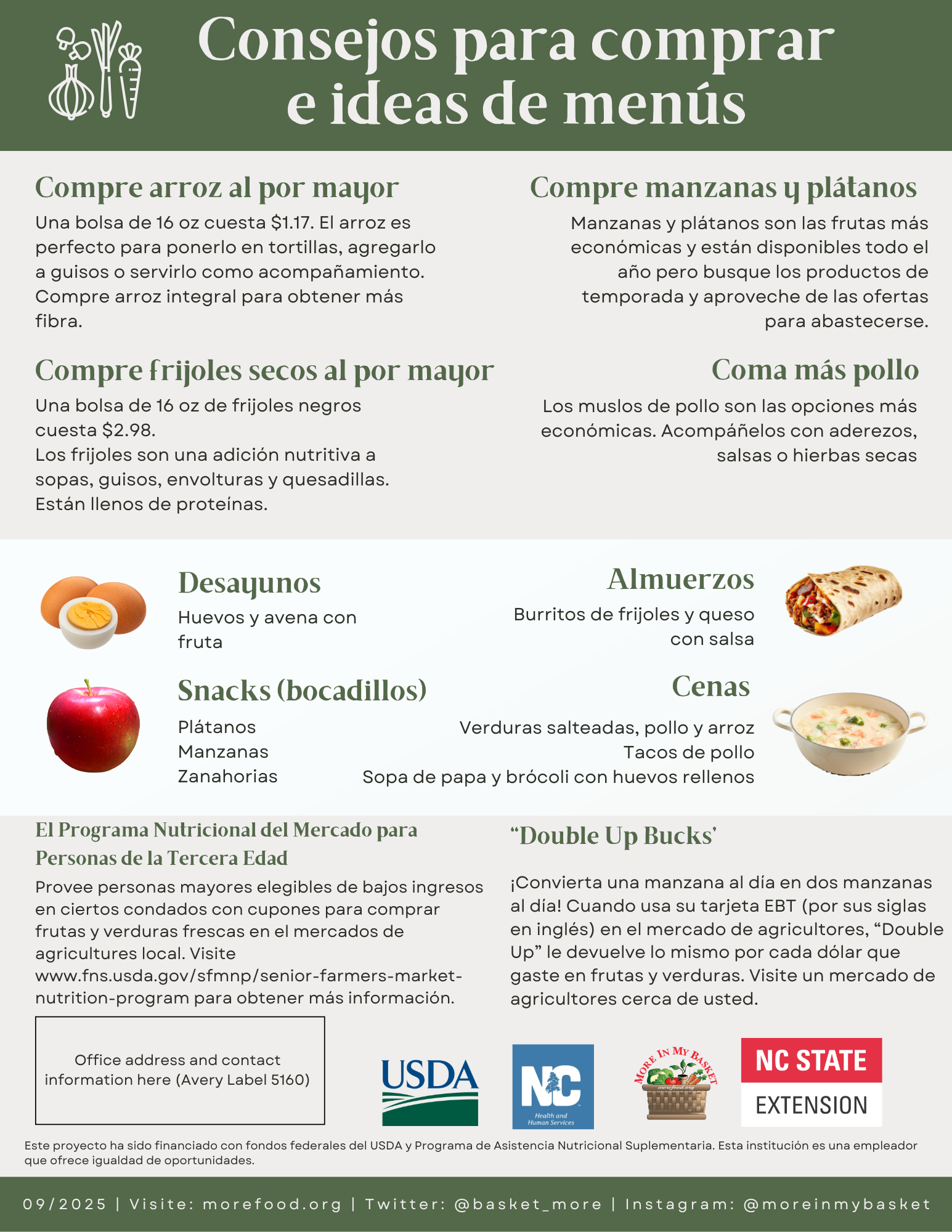Flyer titled "Shopping Tips & Menu Ideas" with food purchasing and meal suggestions, and information on nutrition programs.
