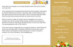Informational graphic about emergency food storage and the More In My Basket program, featuring text details and food illustrations.