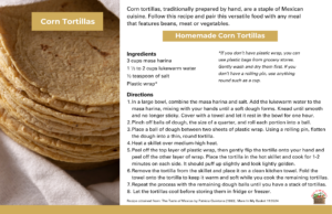 Close-up of a stack of corn tortillas next to a recipe for homemade corn tortillas.