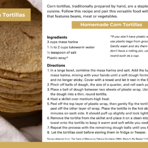 Close-up of a stack of corn tortillas next to a recipe for homemade corn tortillas.