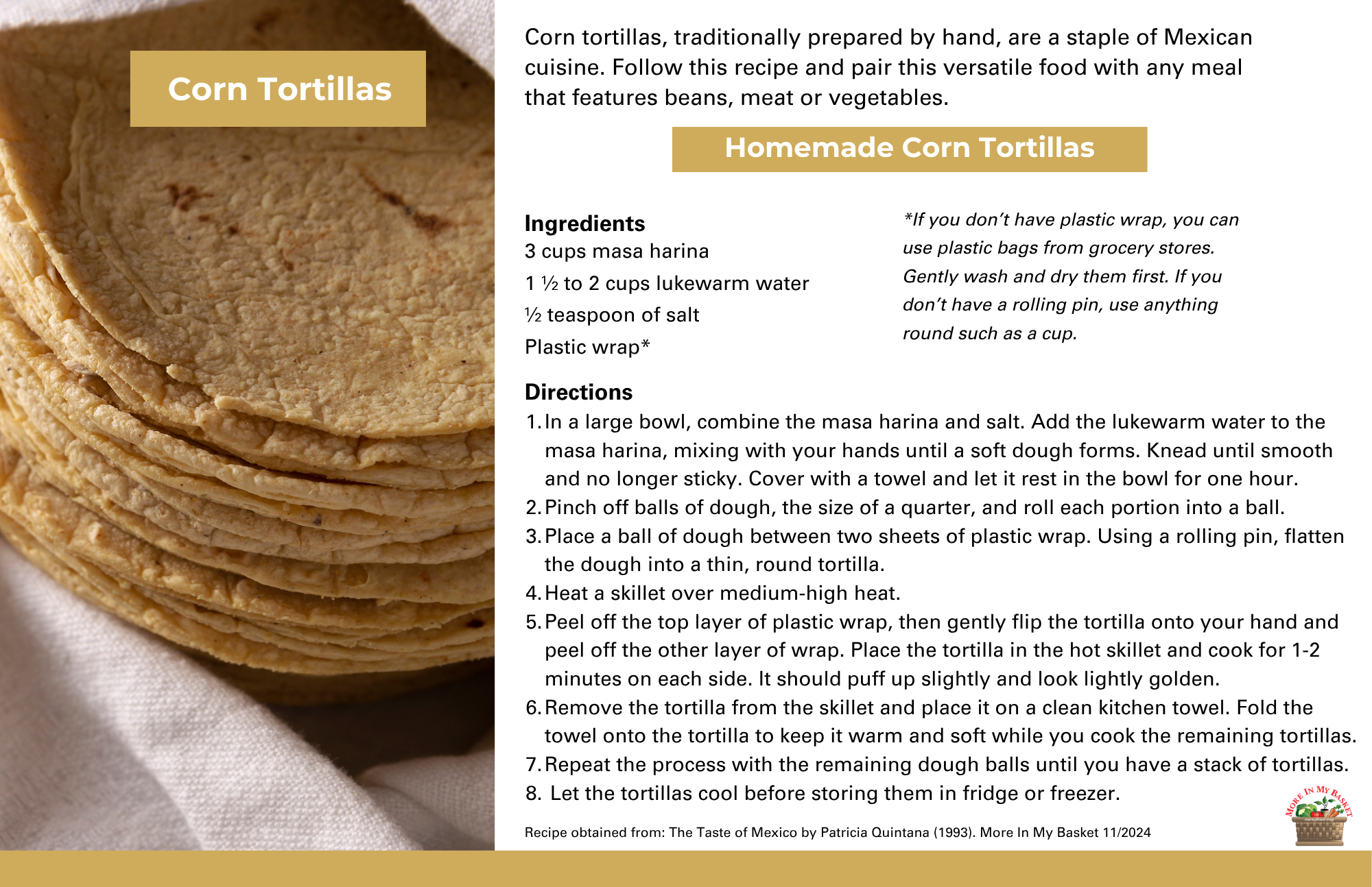 Close-up of a stack of corn tortillas next to a recipe for homemade corn tortillas.