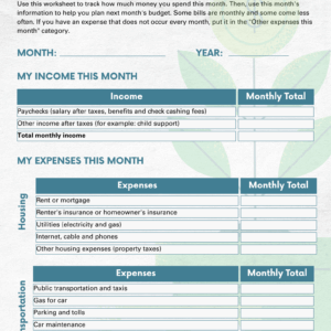 Budget worksheet with sections for tracking monthly income and expenses, including housing and transportation.