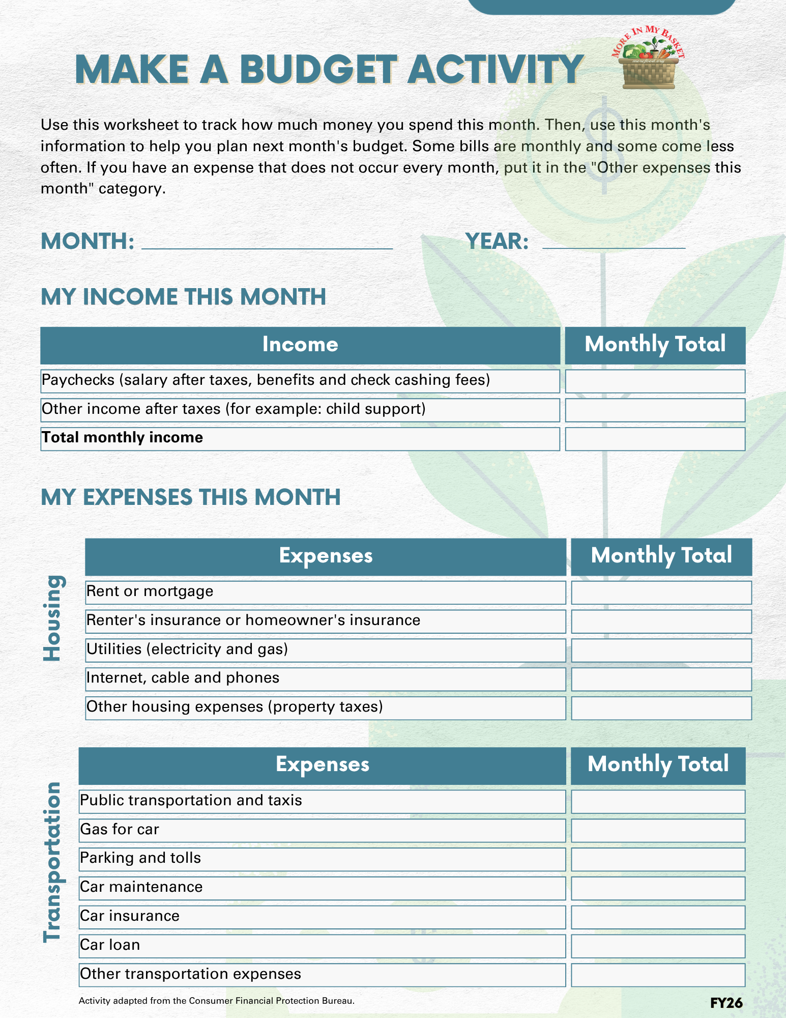 Make a Budget Activity – English
