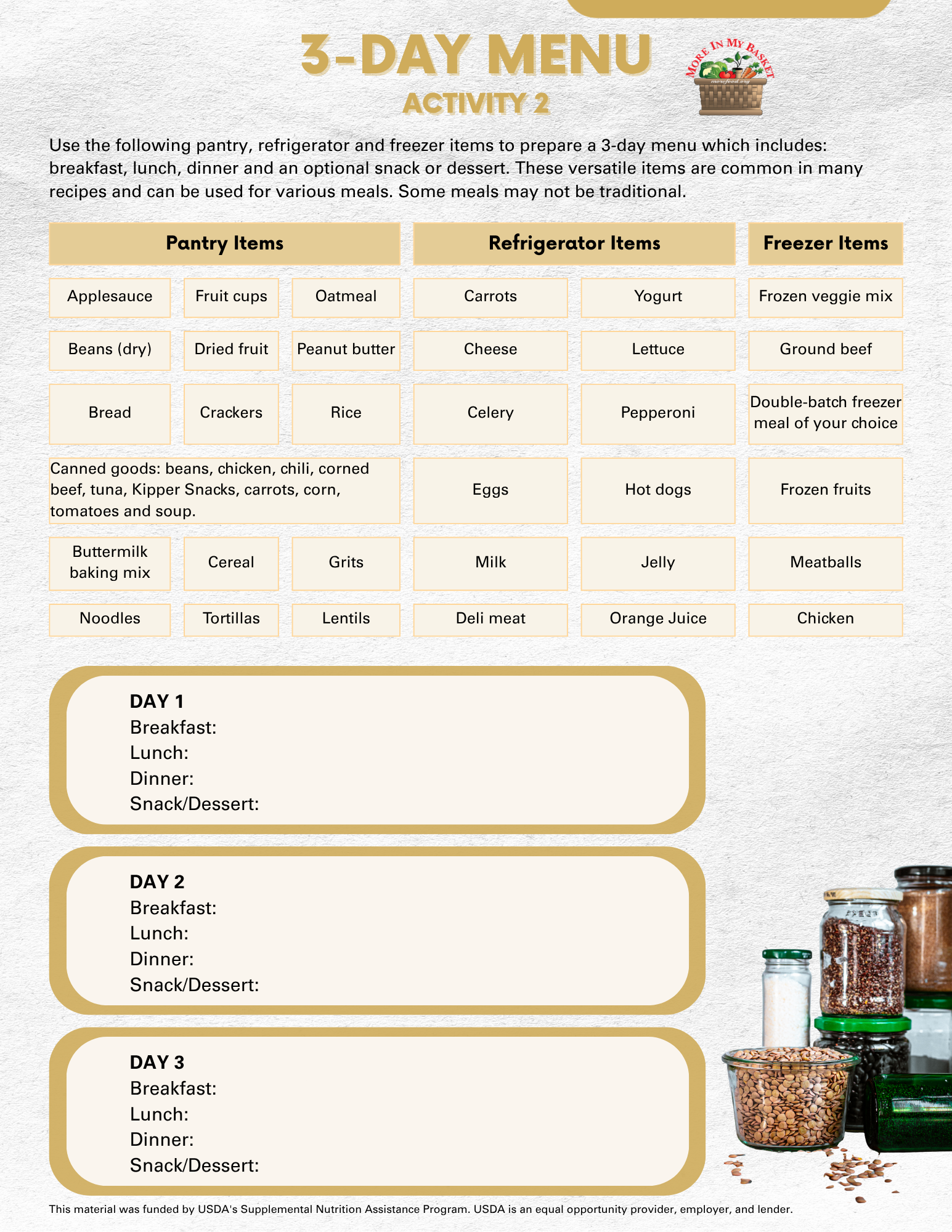 3-Day Menu Activity – English
