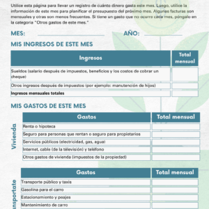 Budget worksheet with sections for tracking monthly income and expenses, including housing and transportation.