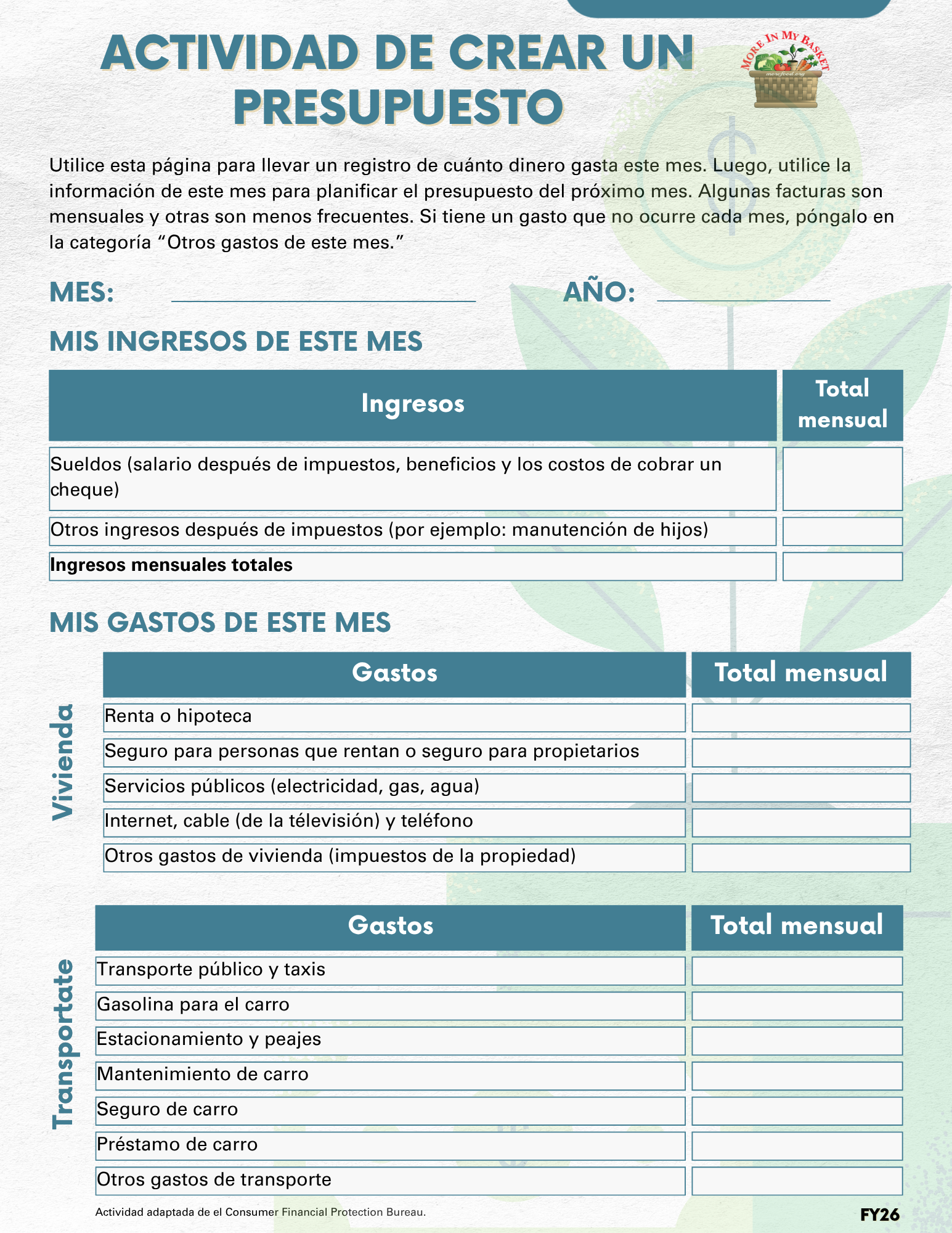 Make a Budget Activity – Spanish