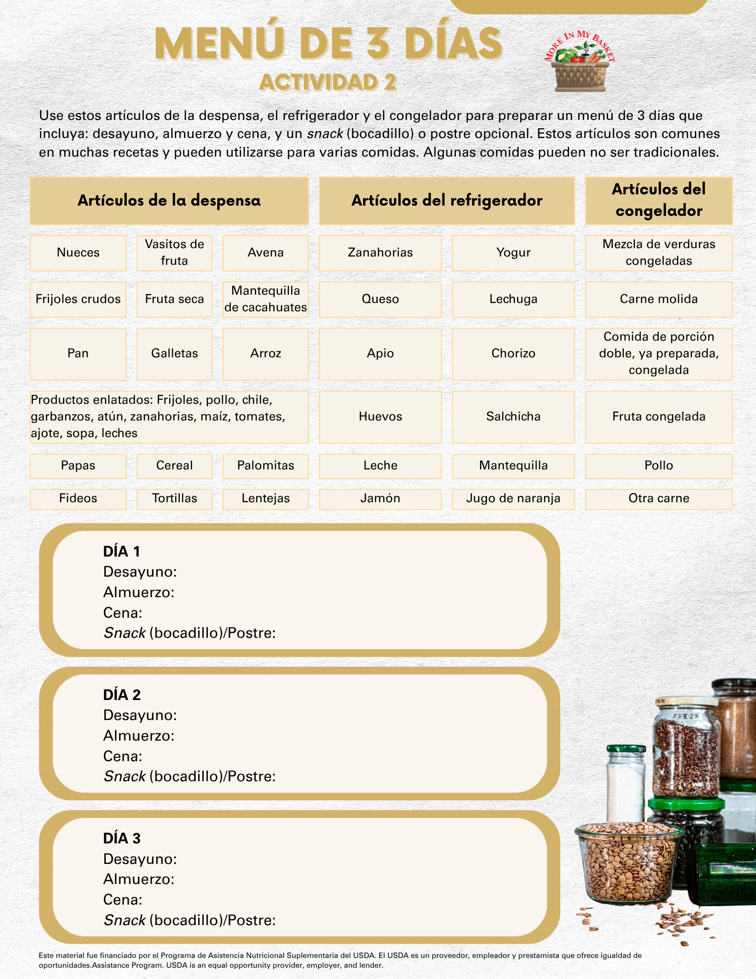 3-Day Menu Activity – Spanish