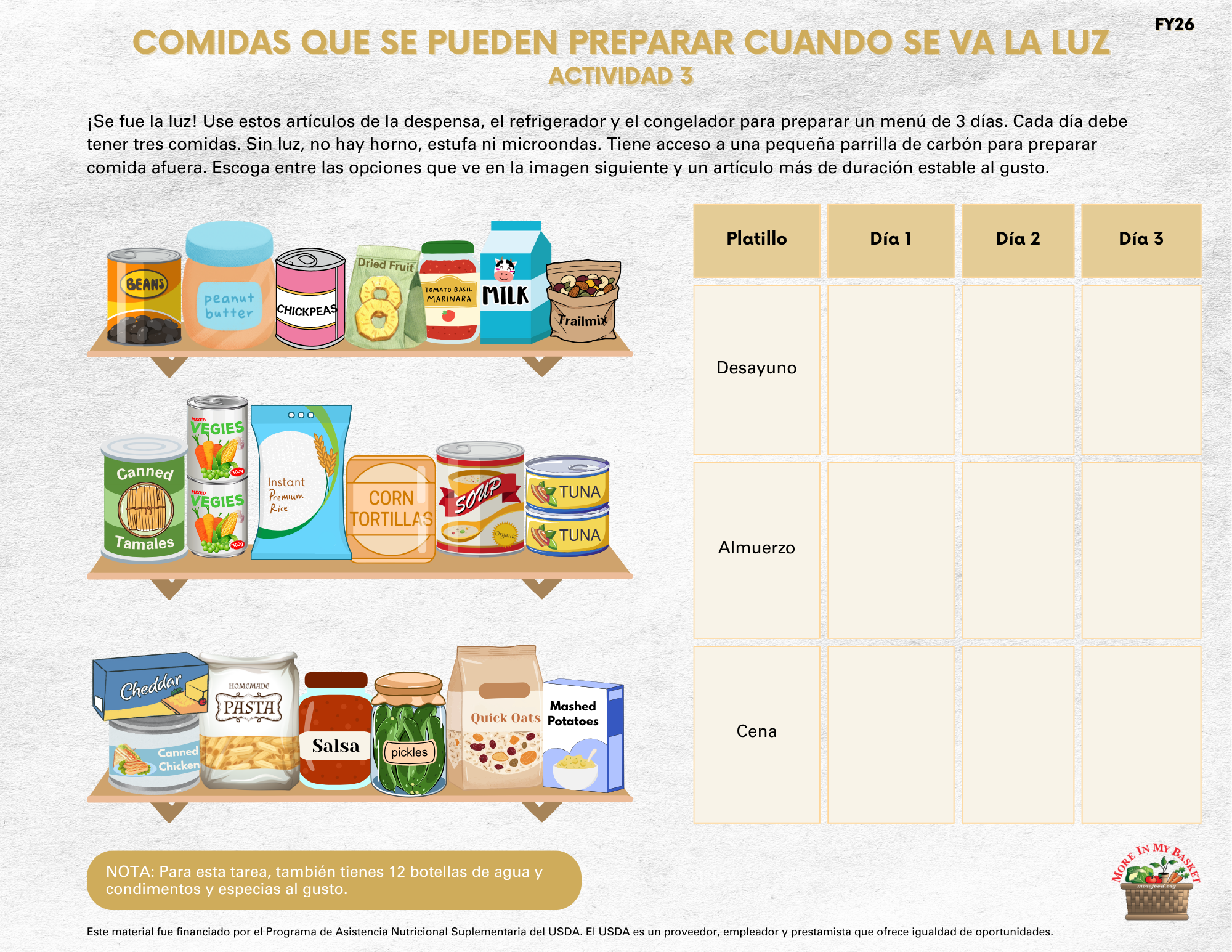 Power Out Meals Activity – Spanish