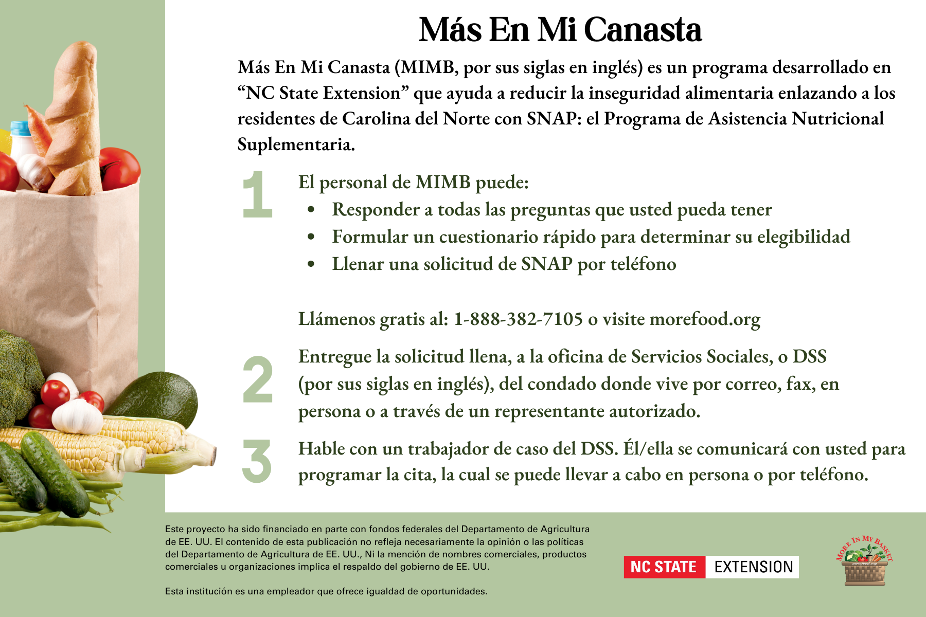 The back of a recipe card for the "More In My Basket" program with groceries on the left and program details on the right.