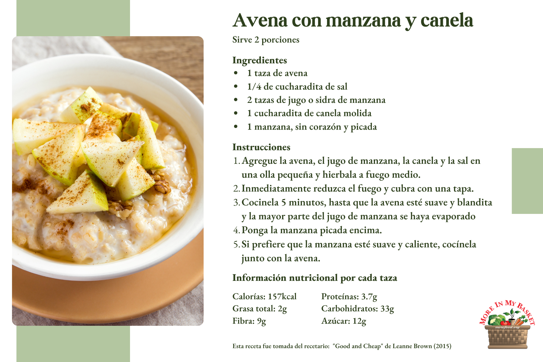Recipe card for Apple Cinnamon Oatmeal with photo of the dish and instructions.