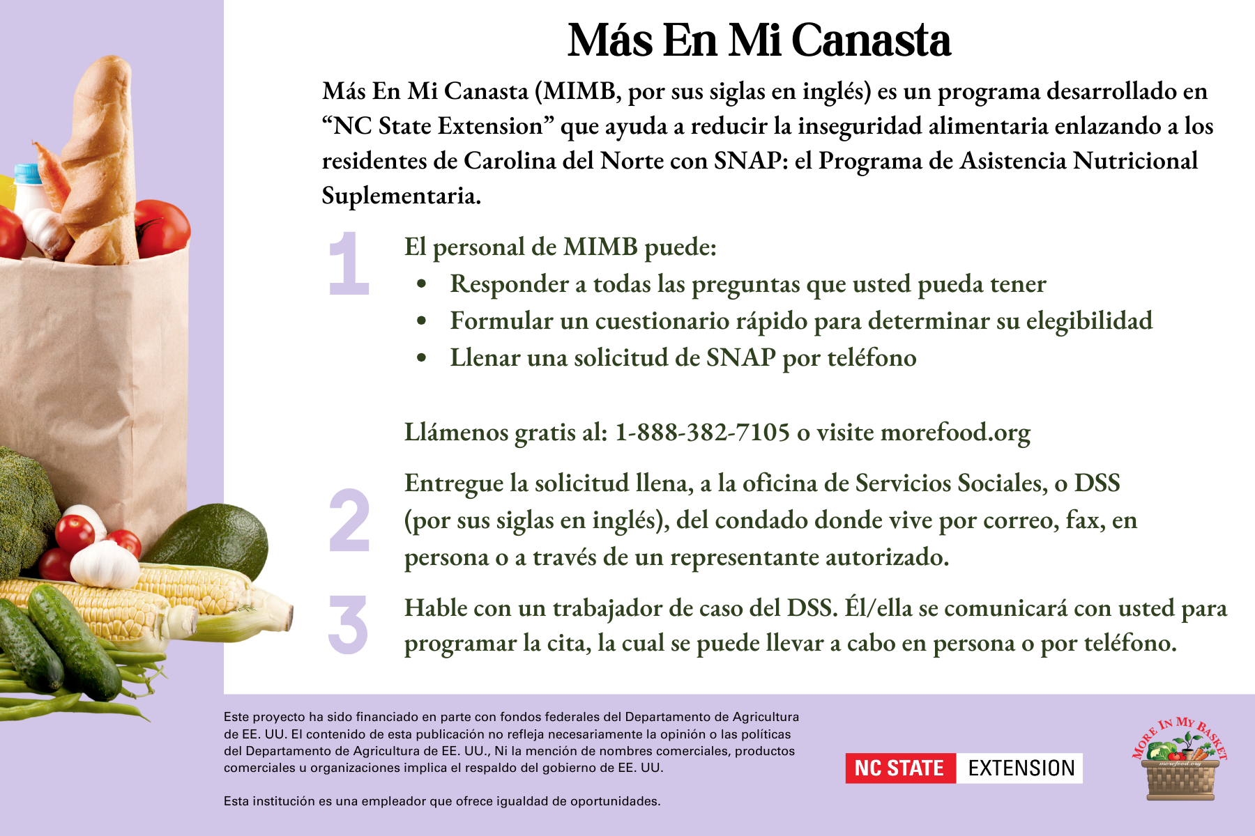 The back of a recipe card for the "More In My Basket" program with groceries on the left and program details on the right.