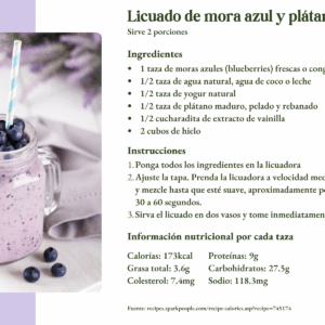 Recipe card for Blueberry Banana Smoothie with photo of the dish and instructions.
