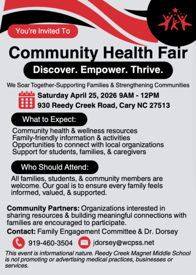 Flyer for a Community Health Fair on April 25, 2026, with event details and contact information.